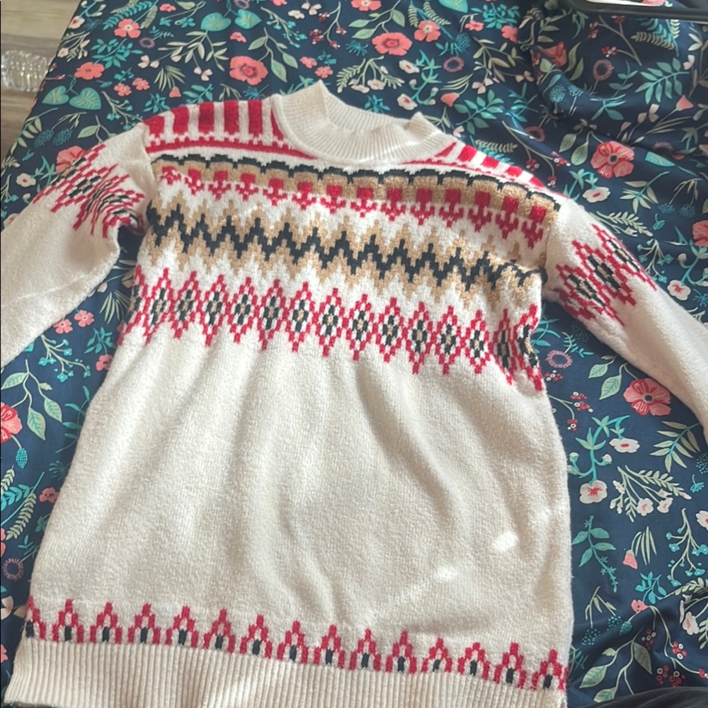 Cozy White and Red Patterned Sweater